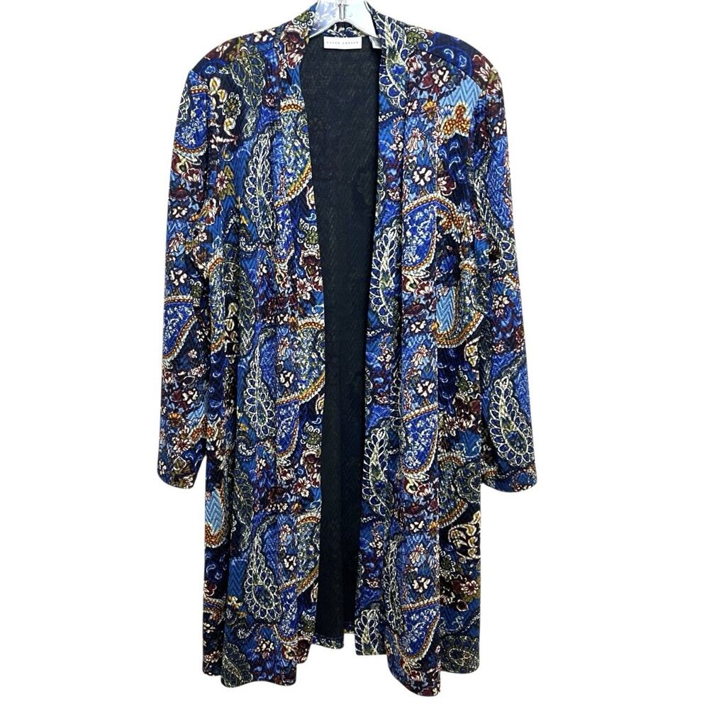 Susan Graver Cardigan Size 1XP Blue  Paisley Duster Longline Pockets Boho Chic